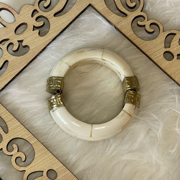 Indian Style Brass & Wood Bangle with White tones.  
3" x 1 1/4” wide. - Picture 3 of 5